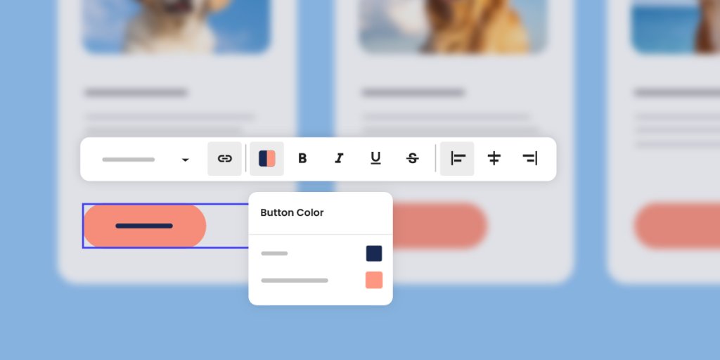 Website Builder interface showing a text formatting toolbar with bold, italic, underline, and strikethrough options. Below is a coral-colored button element with a color picker dropdown displaying navy blue and coral color options for customization.