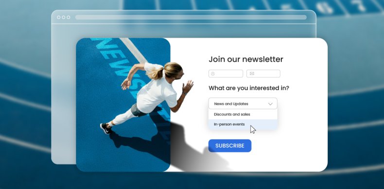Newsletter subscription form with running track background image showing runner in motion, featuring name and email input fields, interest selection dropdown with options for news, discounts, and events, and blue subscribe button.