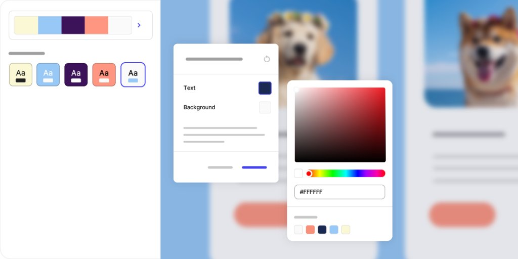 Website Builder interface with a color palette selector on the left showing light green, blue, purple, coral, and white theme options. The center displays a modal with text and background color settings, while the right shows an advanced color picker with a red-to-black gradient, color wheel, hex value input (#FFFFFF), and color swatch options.