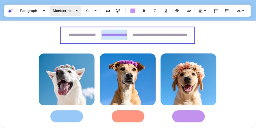 Website Builder editor interface with formatting toolbar including paragraph styles, Montserrat font, and text formatting options. Below are three rounded images of happy dogs wearing flower crowns - a white Husky, a tan mixed breed, and a Golden Retriever. At the bottom are three colored oval buttons in blue, coral, and purple.