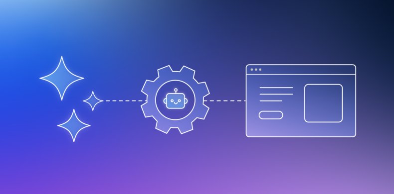 Illustration showing AI automation concept: sparkles connected to a gear with a chatbot icon, which is linked to a web browser window on a gradient blue-purple background.