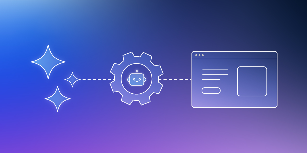 Illustration showing AI automation concept: sparkles connected to a gear with a chatbot icon, which is linked to a web browser window on a gradient blue-purple background.