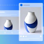 Illustration demonstrating integrated marketing with shoppable social media functionality with blue and white ceramic vase displayed across multiple device screens, showing how users can click products to purchase
