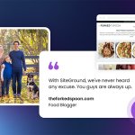 SiteGround customer testimonial featuring The Forked Spoon food blogger, showing family photo with horse and dog alongside food blog website screenshot displaying recipe content, with quote praising reliable uptime and support