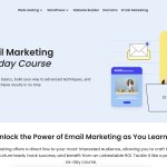 SiteGround landing page header showing woman working on laptop with illustrated email elements, promoting free 6-day email marketing course with sign-up button