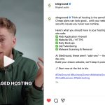 Instagram video post showing person in green hoodie explaining managed hosting, with caption listing security features including Web Application Firewall, SSL/HTTPS, daily backups, 24/7 monitoring, and malware scanning
