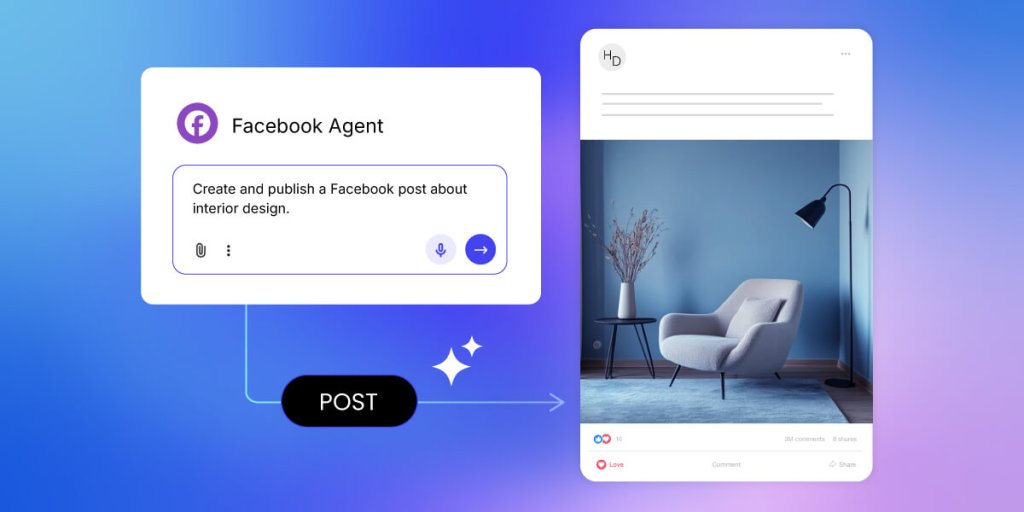 AI Studio's Facebook Agent showing instructions on creating and publishing a Facebook post