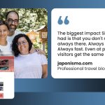 Family of three smiling outdoors next to laptop displaying japonismo.com travel blog website with Spanish content about Japan. Quote reads: 'The biggest impact SiteGround has had is that you don't notice it. It's always there. Always working. Always fast. Even at peak traffic, visitors get the same experience.' - japonismo.com, Professional travel blog