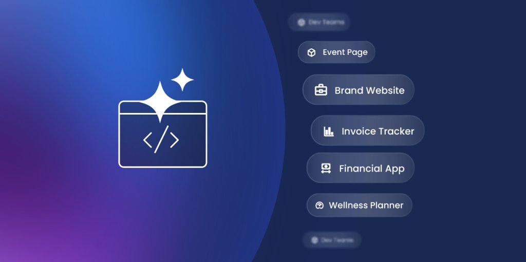 A promotional graphic showcasing AI-powered web development capabilities with a code editor icon and sparkles on the left. On the right, floating buttons display various project types that can be built, including Event Page, Brand Website, Invoice Tracker, Financial App, and Wellness Planner.