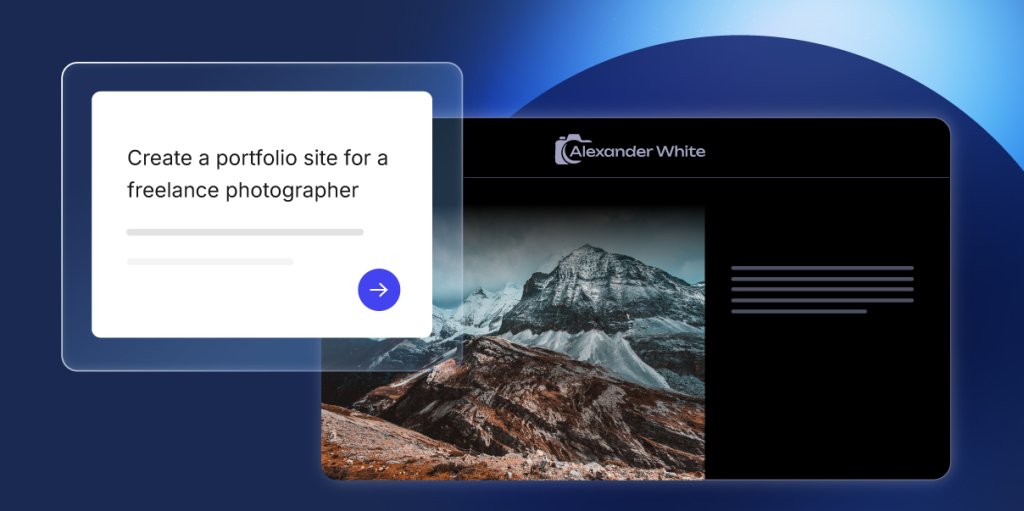 A promotional graphic showing the process of creating a portfolio website for a freelance photographer. The image displays a prompt card on the left requesting a portfolio site, alongside a preview of the resulting dark-themed photography website featuring a dramatic mountain landscape image.