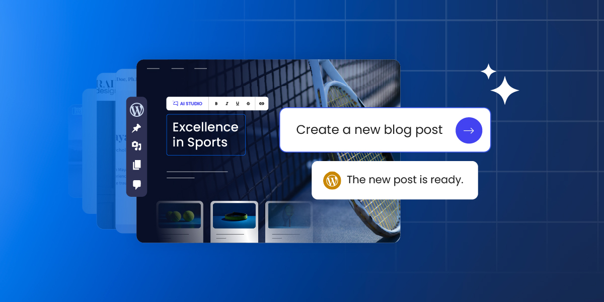 WordPress dashboard with AI management tools, a sport-themed website preview, and floating interface illustrating an AI assistant managing multiple WordPress sites.
