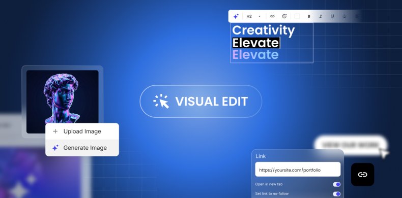 Coderick AI Visual Edit preview showing click-to-edit text, link settings, and image options to upload or generate an AI image.
