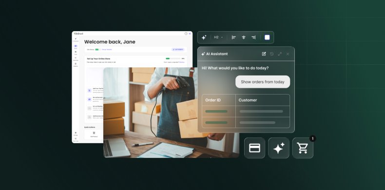 A digital graphic illustrating AI-assisted e-commerce management against a dark green grid background. On the left, a SiteGround user dashboard welcomes the store owner with "Welcome back, Jane" alongside an online store setup checklist. In the center, a photograph shows a worker in an apron using a barcode scanner on cardboard boxes at a packing table with a laptop. On the right, a dark glassmorphism "AI Assistant" window displays the message "Hi! What would you like to do today?" above a user prompt asking "Show orders from today" and a mock table with "Order ID" and "Customer" columns. Floating nearby are text-formatting controls and three dark glass icons representing payment cards, AI sparkles, and an e-commerce shopping cart with a notification badge.