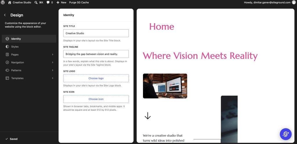 A screenshot of the WordPress Site Editor displaying the site Identity customization panel alongside a live website preview. The center panel shows input fields for SITE TITLE set to "Creative Studio" and SITE TAGLINE set to "Bridging the gap between vision and reality.", along with buttons to select a site logo and site icon. The right panel displays the live homepage preview featuring the pink heading "Where Vision Meets Reality" and an image of a designer working at dual monitors.