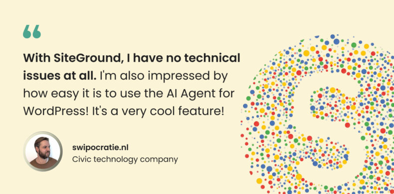 Swipocratie founder quote praising SiteGround for zero technical issues and reliable uptime