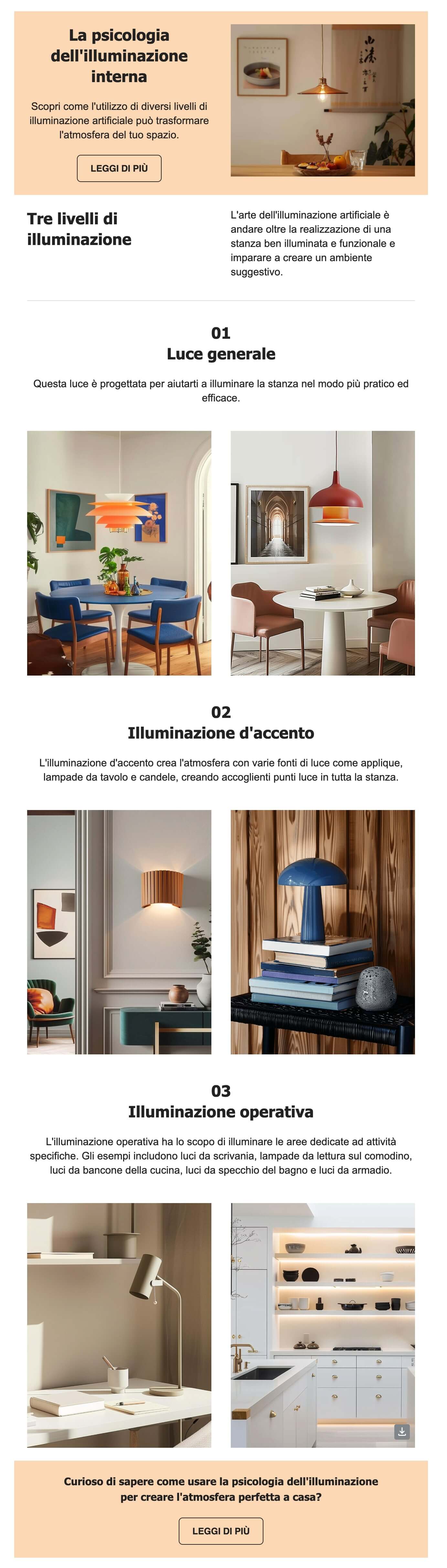 screenshot di una newsletter educativa sull'interior design