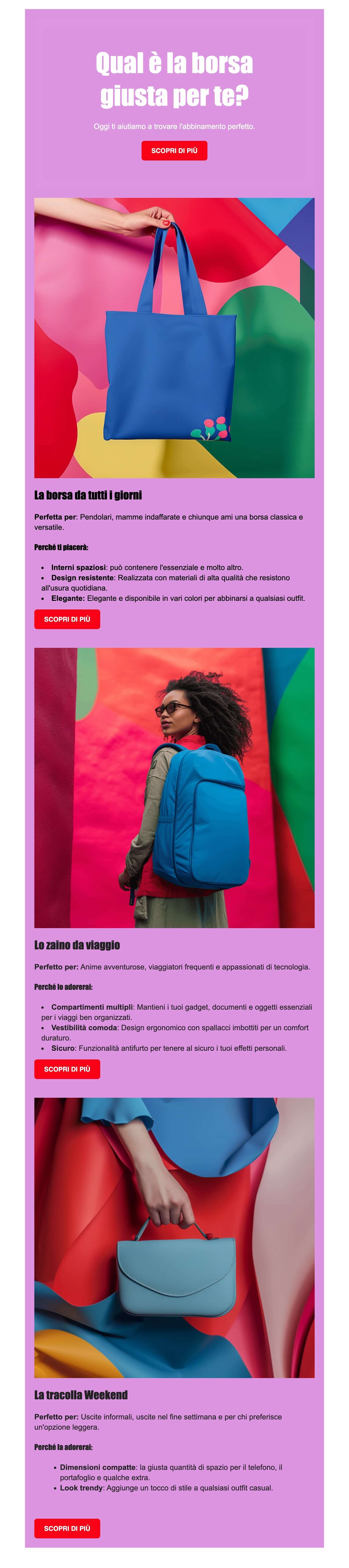 screenshot di una newsletter che mostra un catalogo di borse