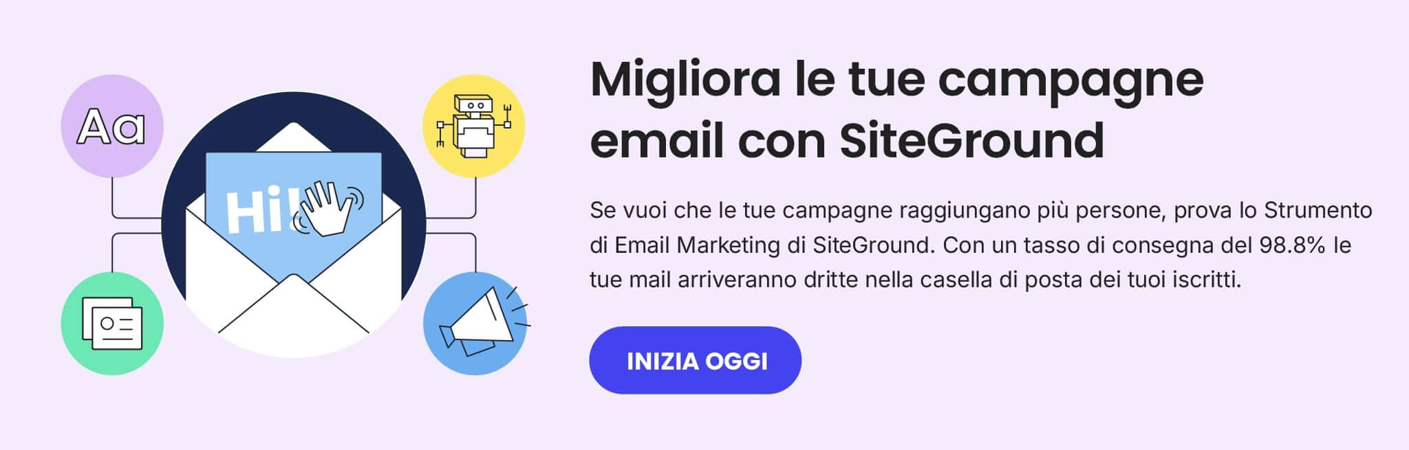 Banner promozionale: migliora le tue campagne email con SiteGround. Il bottone da cliccare dice "inizia oggi"