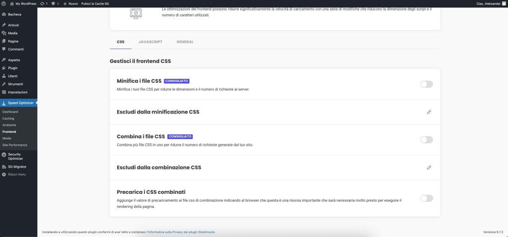 Screenshot delle impostazioni CSS Frontend di Speed Optimizer, con le opzioni per minificare, combinare e precaricare i file CSS, e opzioni aggiuntive per escludere file specifici dall'ottimizzazione.