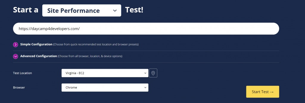 Screenshot dello strumento WebPageTest con i campi per l’URL, la posizione e il browser da testare.