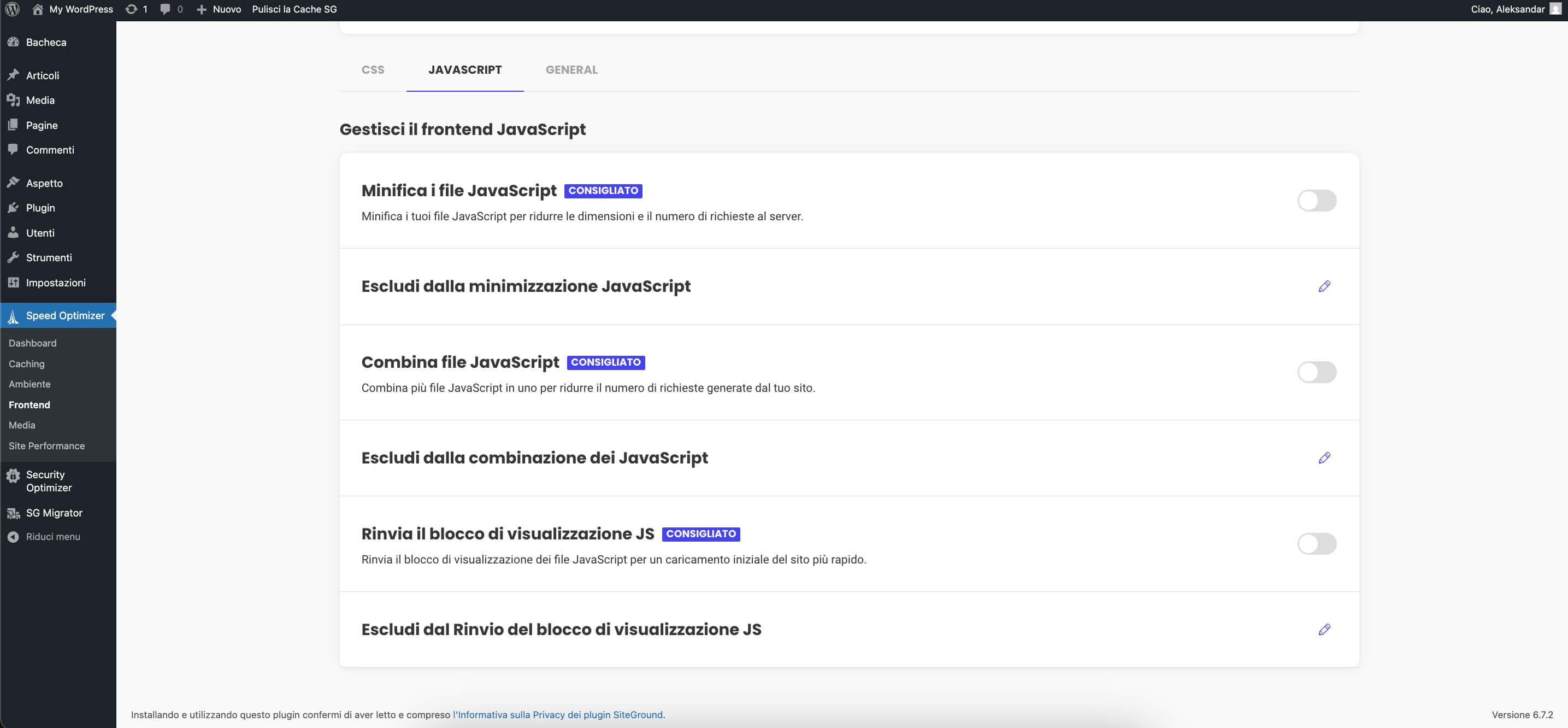Screenshot delle impostazioni JavaScript Frontend di Speed Optimizer, con le opzioni per minificare, combinare e differire i file JavaScript, e opzioni aggiuntive per escludere file specifici dall'ottimizzazione.