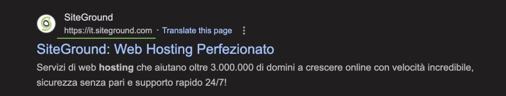 Screenshot di una SERP dove appare il sito di SiteGround. L'URL evidenziato mostra che si tratta della versione italiana del sito "it.siteground.com"