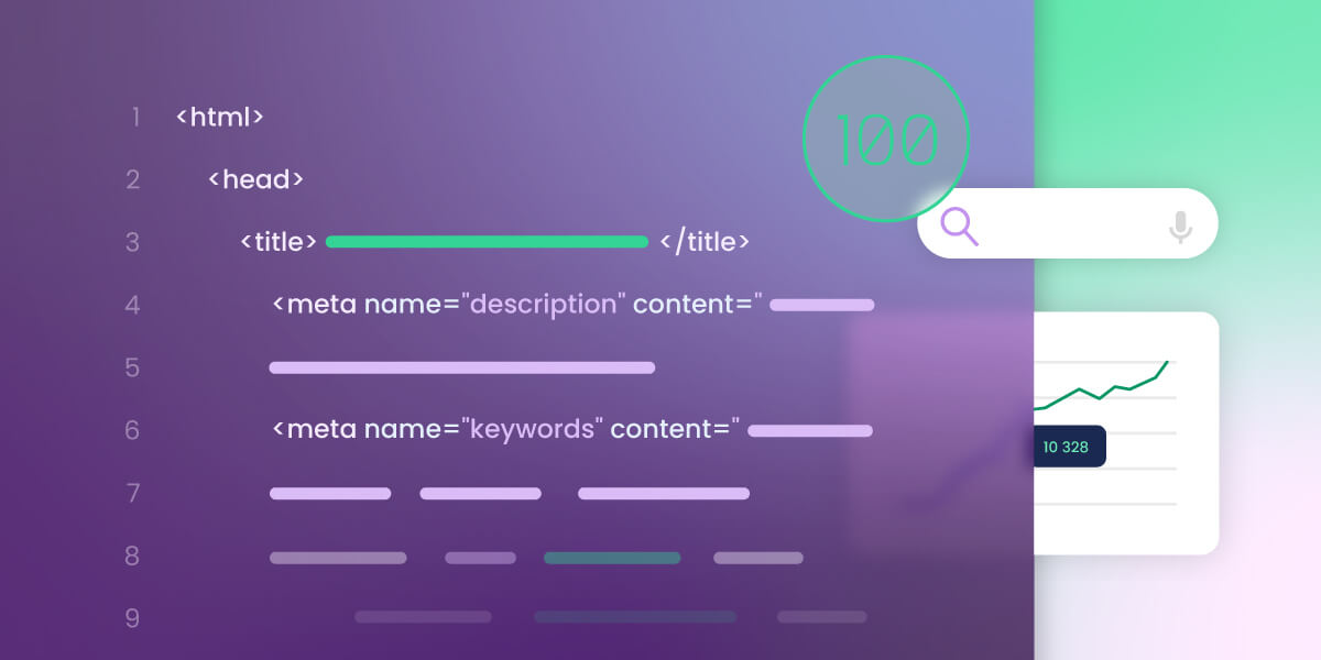 Illustrazione che mostra un prototipo di codice HTML dove appaiono diversi meta tag utili per la SEO