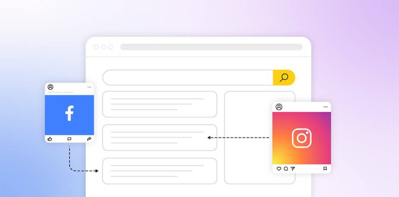 illustrazione grafica che mostra una pagina di risultati di ricerca in cui appaiono un post Instragram e un post Facebook