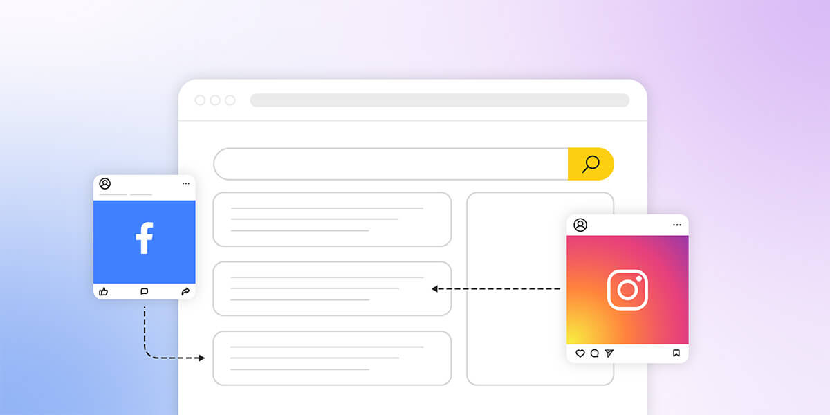 illustrazione grafica che mostra una pagina di risultati di ricerca in cui appaiono un post Instragram e un post Facebook