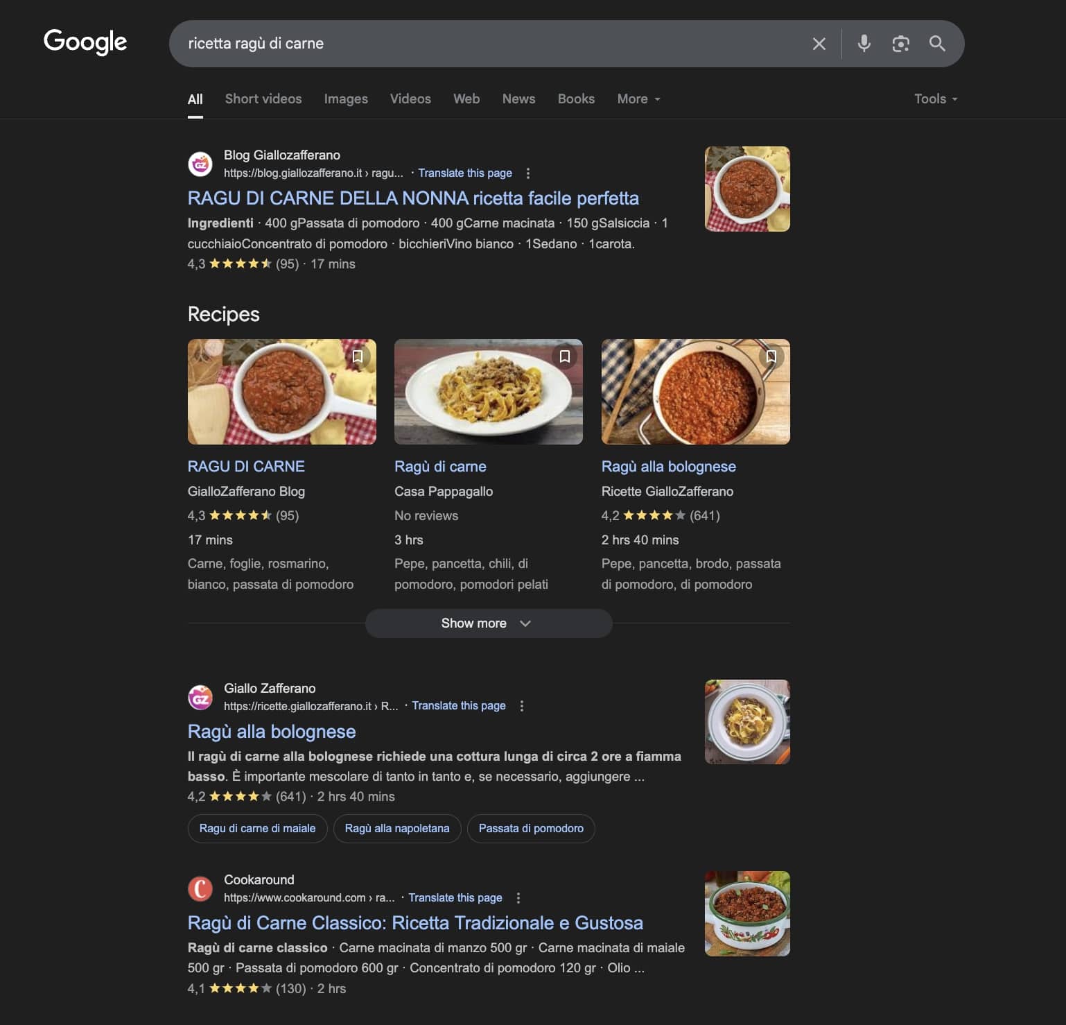 screenshot della pagina dei risultati Google per la ricerca "ricetta ragù di carne"