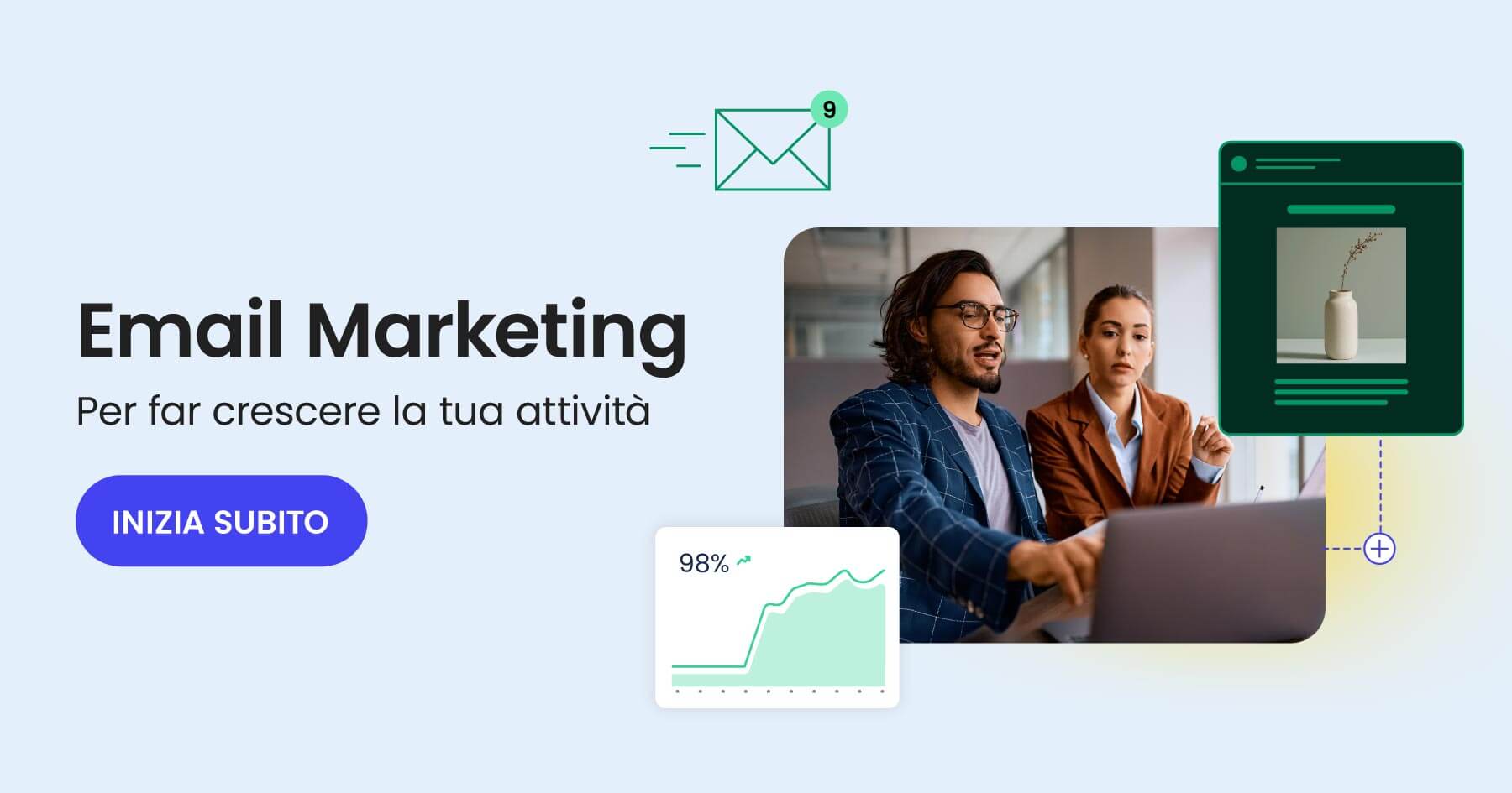 banner promozionale per lo strumento di email marketing di SiteGround. Il testo dice "email marketing per far crescere subito la tua attività". L'immagine mostra due professionisti intenti ad analizzare i risultati di una campagna email