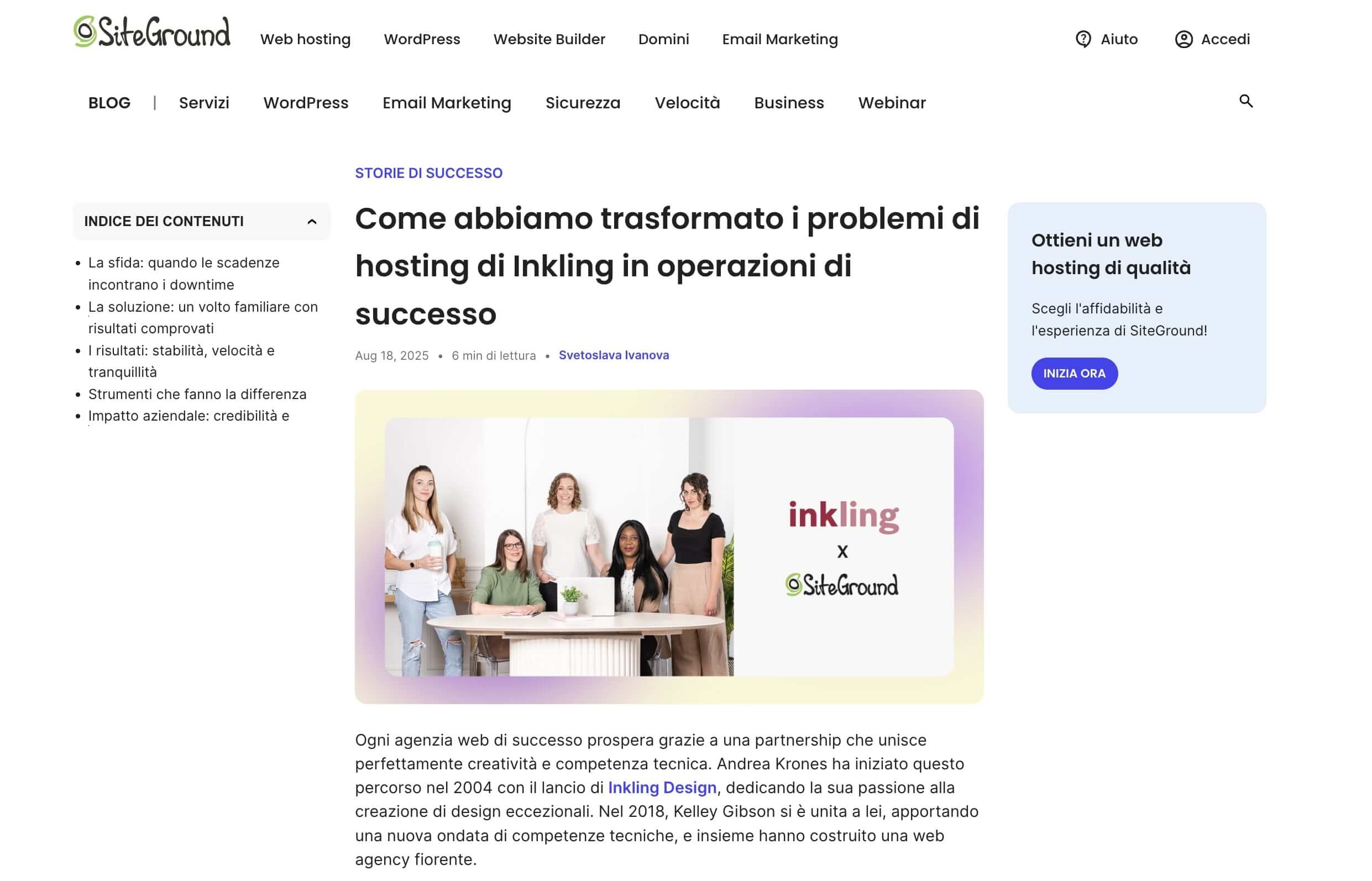 Screenshot dal sito di SiteGround dove appare la storia di successo della collaborazione tra inkling e SiteGround.