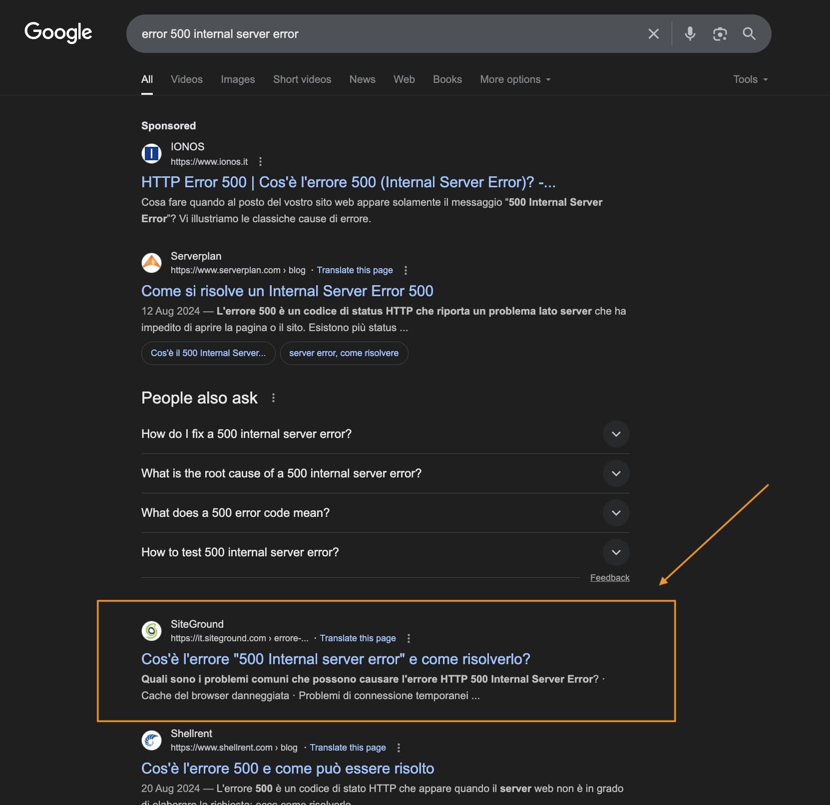 Screenshot della pagina risultati google per la ricerca "error 500 internal server error". L'articolo della Knowledge Base di SiteGround è tra i primi risultati, dimostrando una buona SEO.