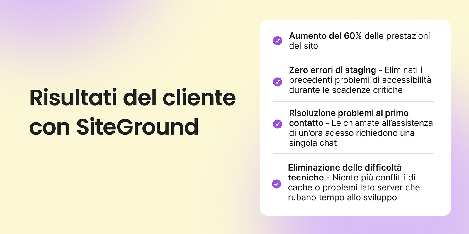 Un riepilogo dei risultati del cliente su SiteGround