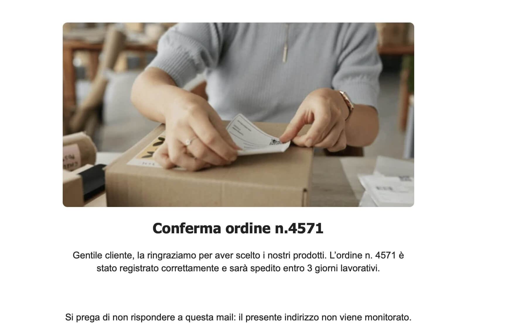 screenshot di una mail no-reply inviata per una conferma ordine. In fondo alla mail si trova scritto "Si prega di non rispondere a questa mail: il presente indirizzo non viene monitorato"