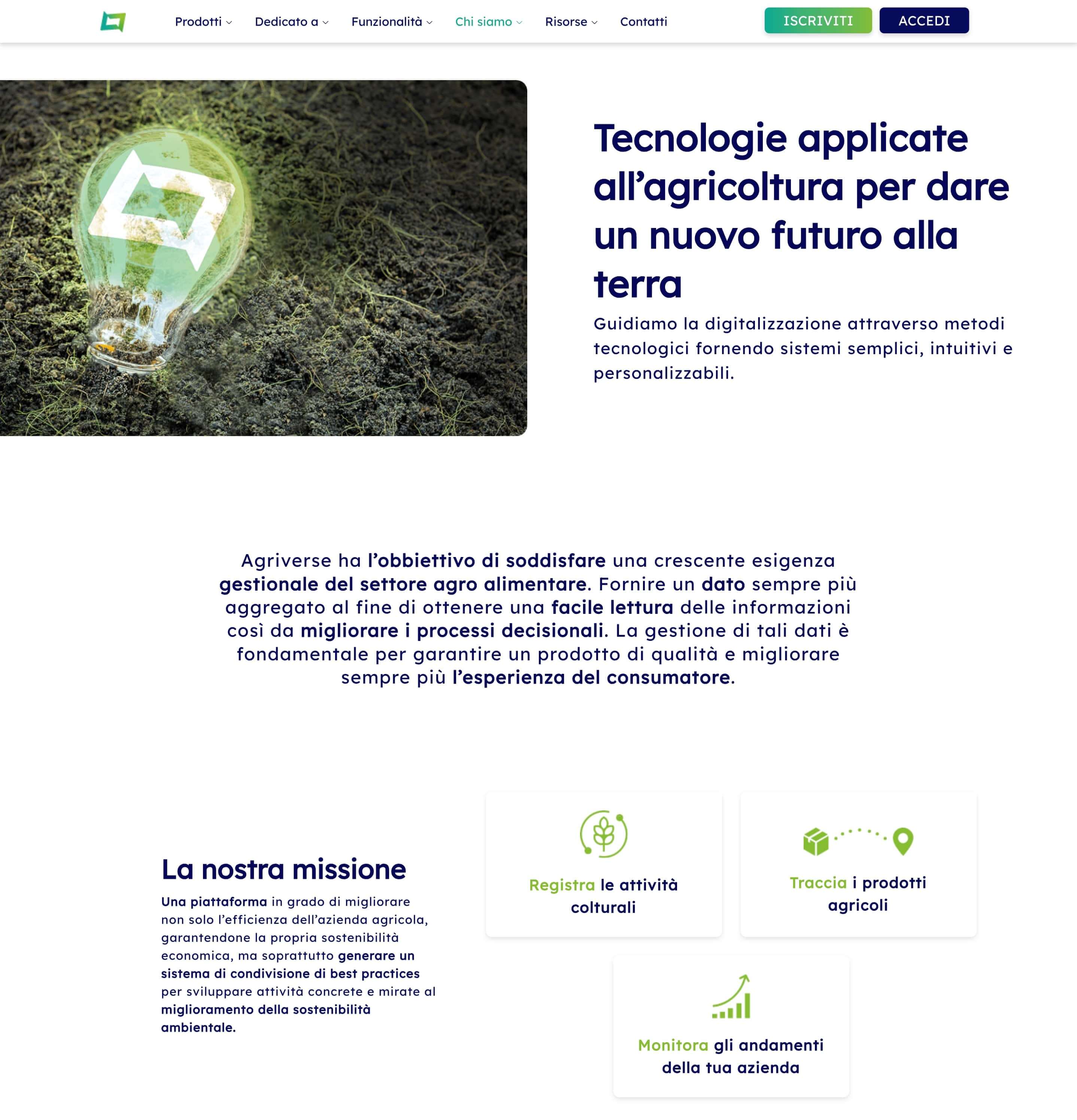 screenshot dalla pagina Chi Siamo di Agriverse, che inizia con la dichiarazione della loro filosofia e missione