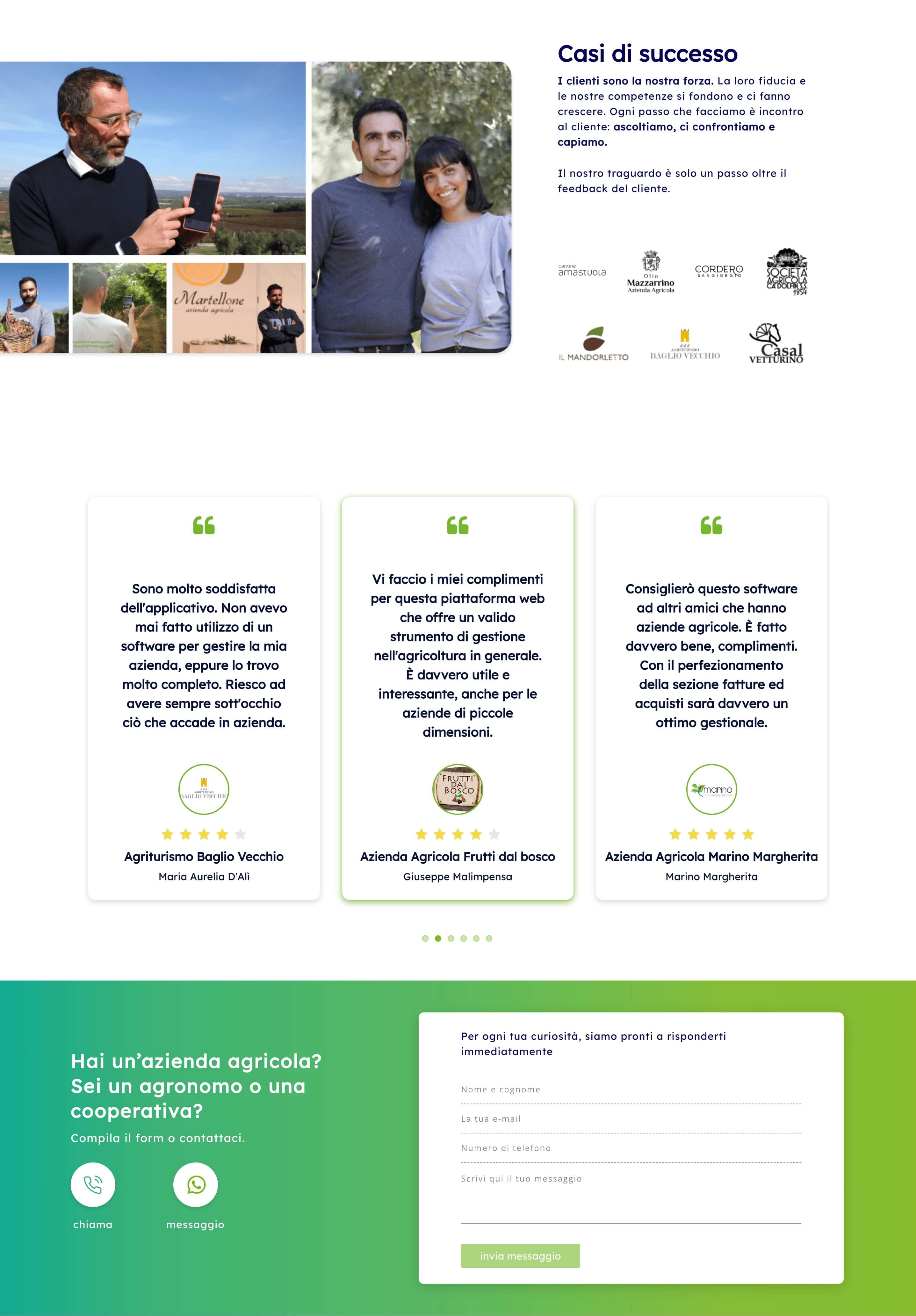 secondo screenshot dalla pagina Chi Siamo di Agriverse, che mostra i loghi dei maggiori clienti dell'azienda e le recensioni positive lasciate da altri. In fondo, una CTA.