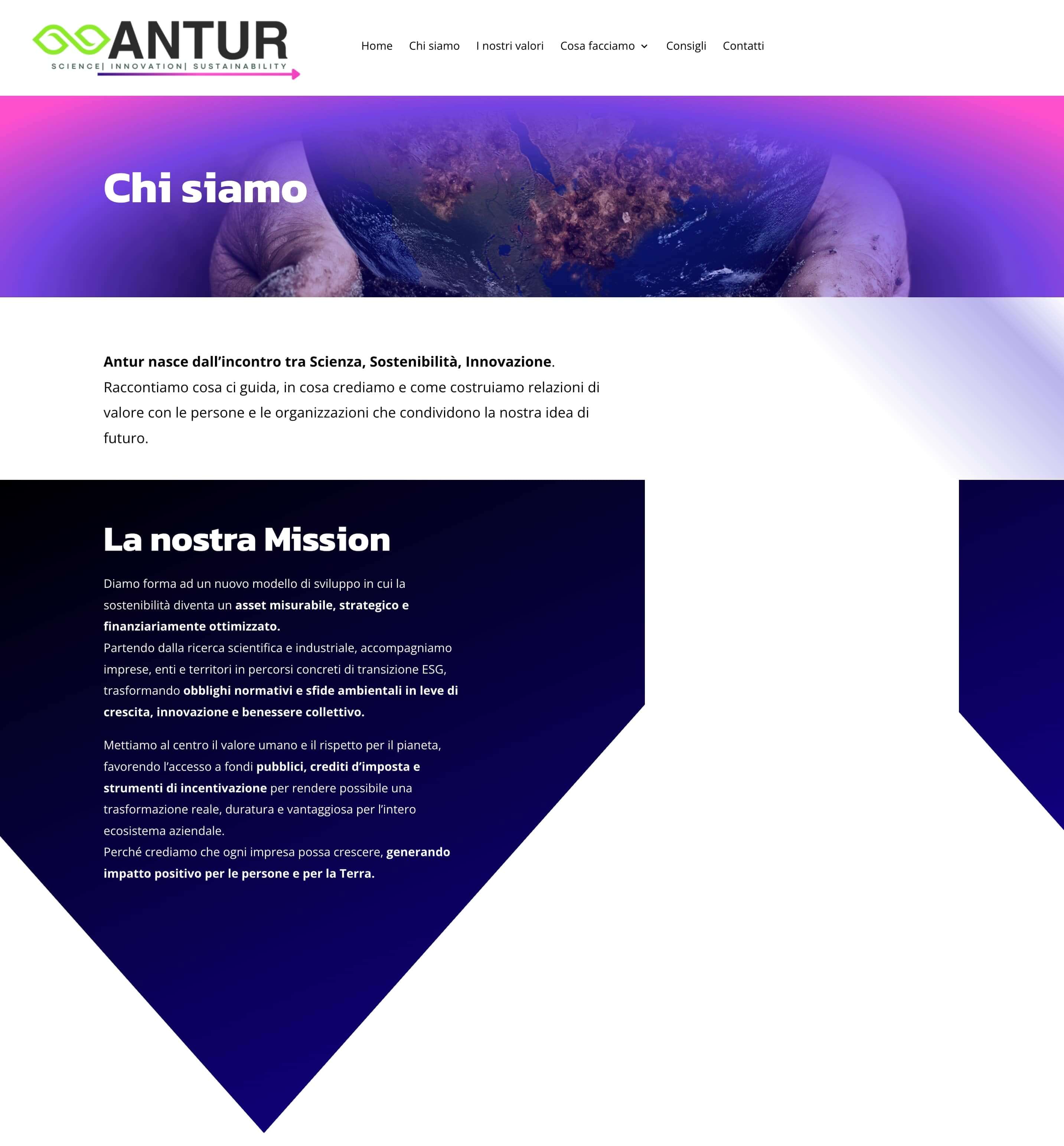 screenshot dalla pagina Chi Siamo di Antur. Questa prima parte della pagina espone la mission della compagnia e la loro filosofia.