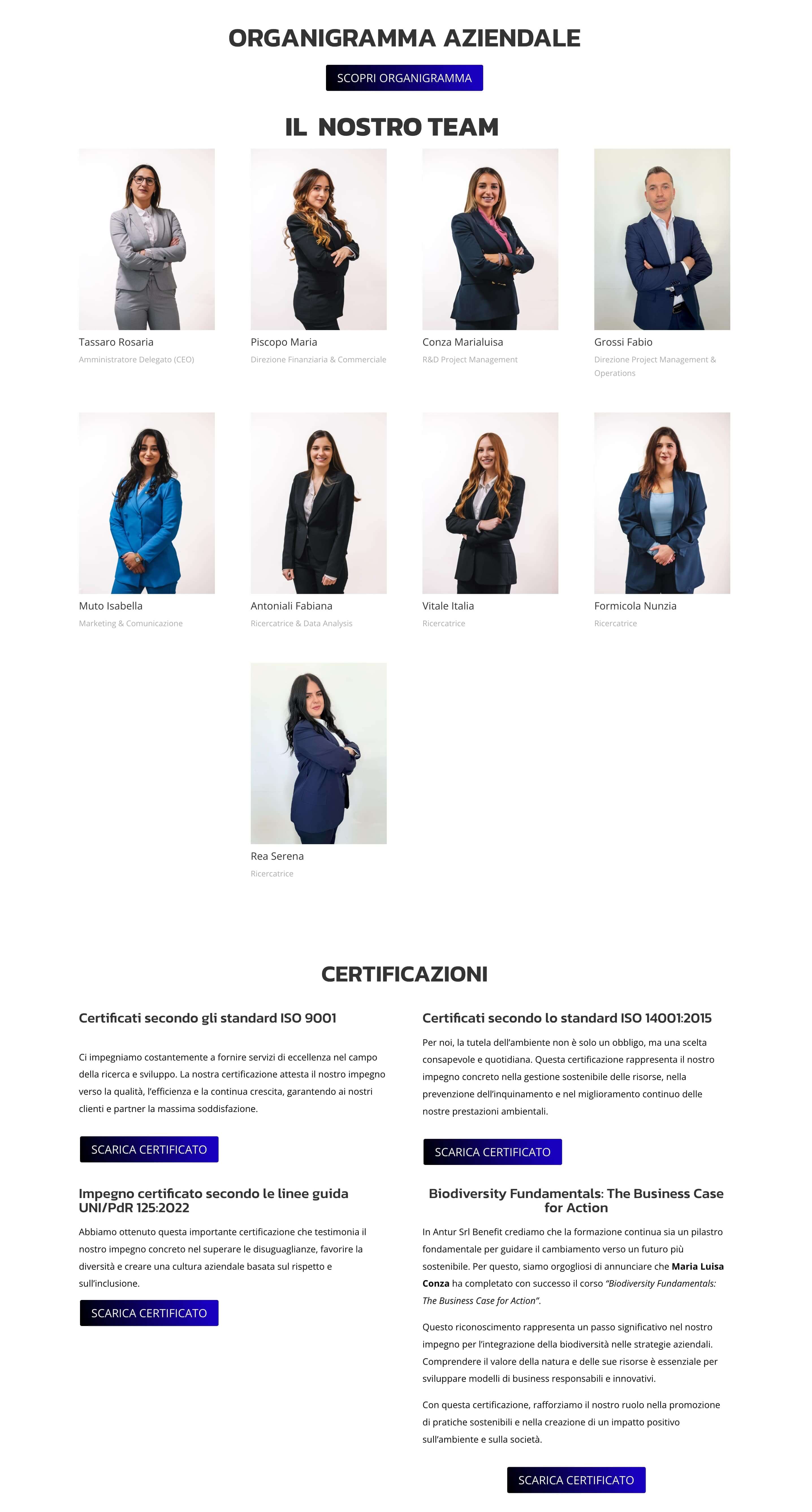 secondo screenshot dalla pagina Chi Siamo di Antur. In alto appare un organigramma dei membri del team, in basso i link per scaricare tutte le certificazioni ottenute.