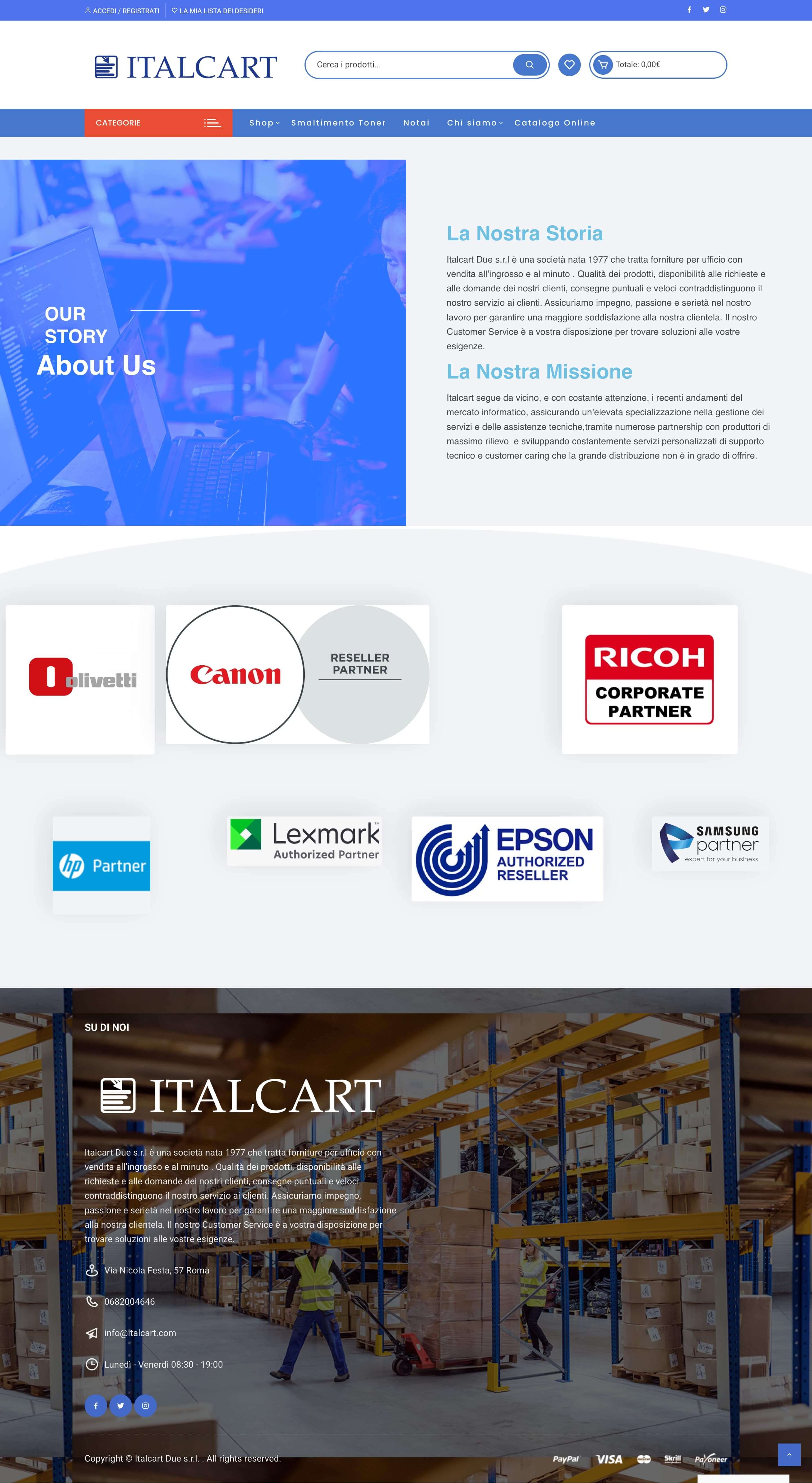 screenshot dalla pagina Chi Siamo di Italcart. In alto appaiono le sezioni relative alla storia e la missione della compagnia. A seguito i loghi delle aziende collaboratrici. In fondo i dati per i contatti.