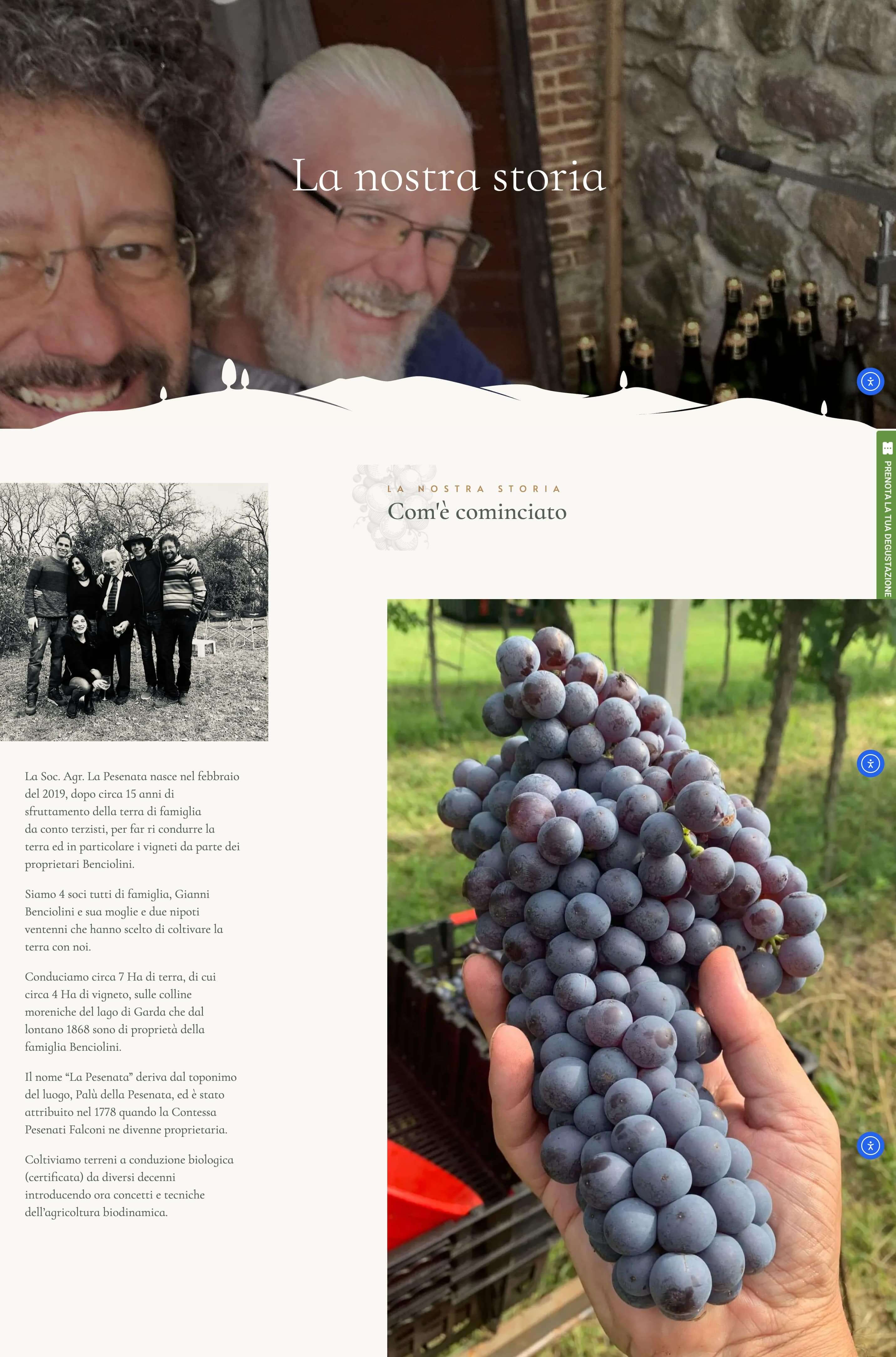 screenshot dalla pagina Chi Siamo di La Pesenata, che inizia con la loro storia accompagnata da vecchie foto