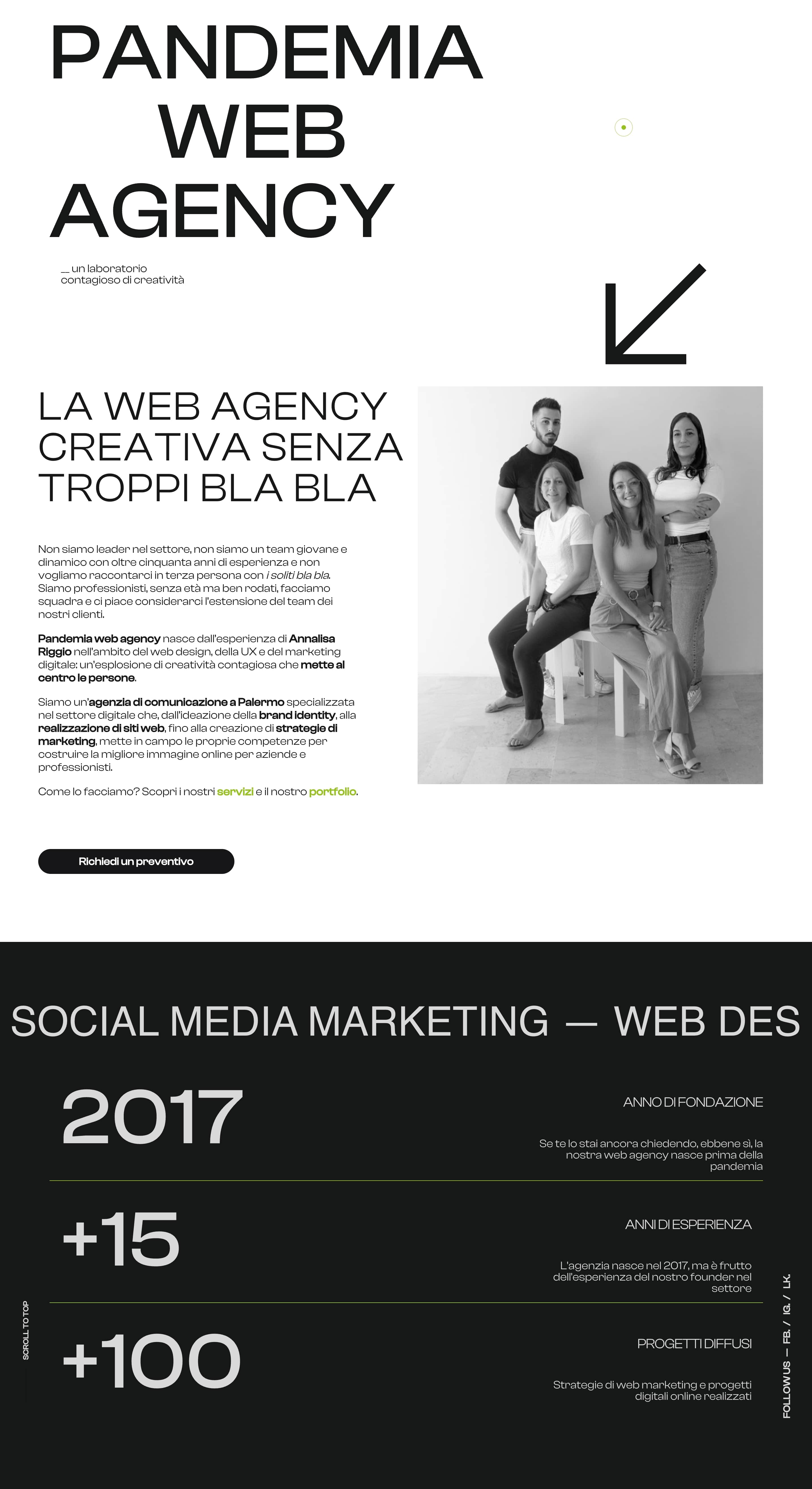 screenshot dalla pagina Chi Siamo di Pandemia, che inizia stabilendo la loro filosofia e nel paragrafo seguente i traguardi raggiunti attraverso una grafica semplice