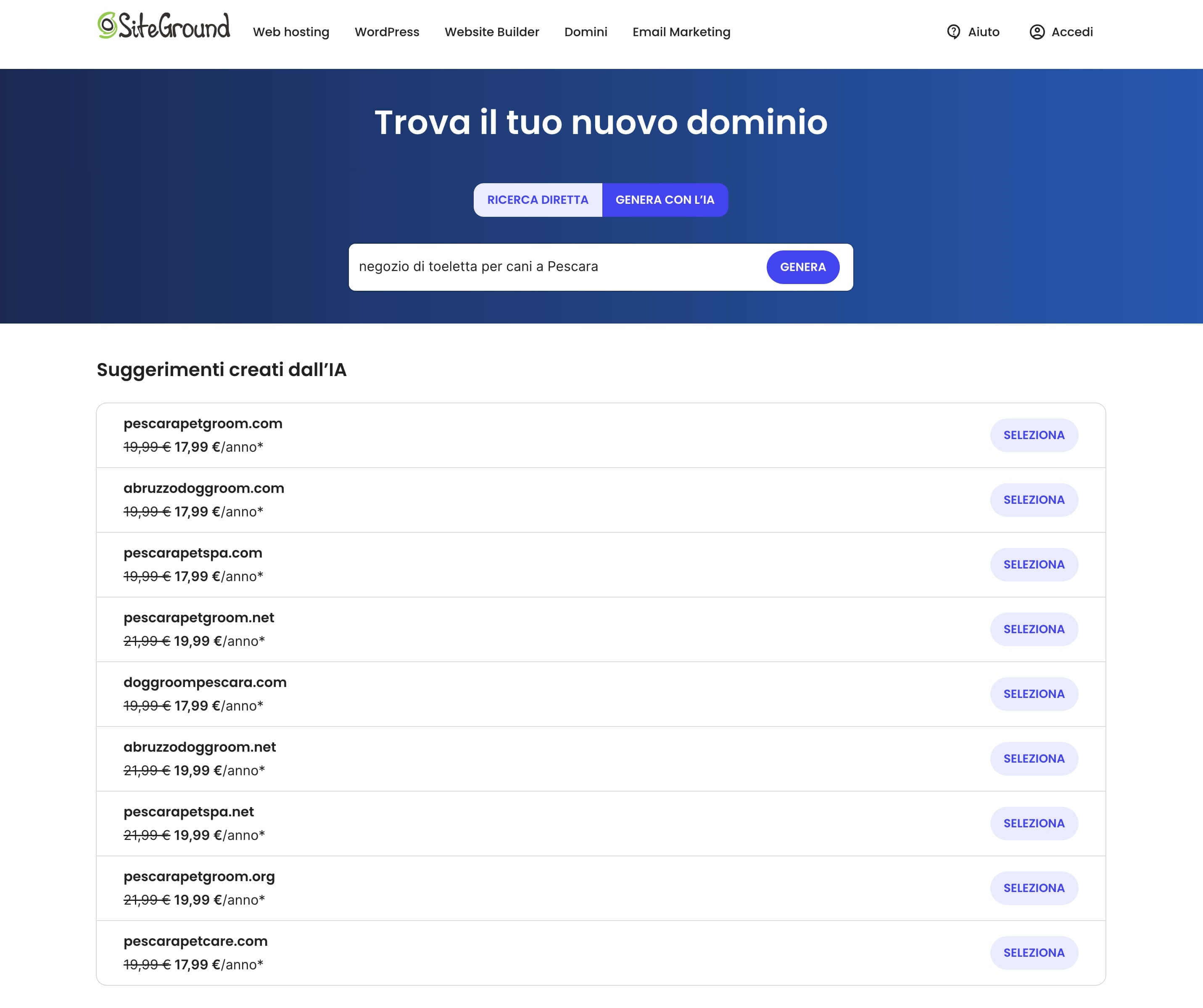 screenshot dall'acquisto domini di SiteGround, dove l'IA suggerisce 9 domini diversi basandosi su una breve descrizione dell'attività