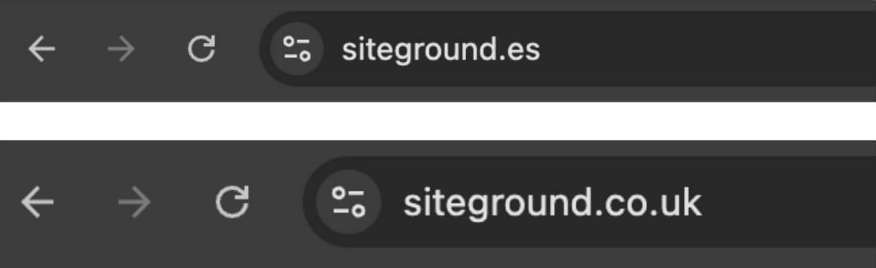 screenshot di due estensioni geografiche, siteground.es e siteground.co.uk