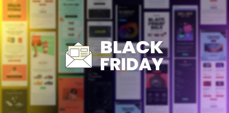 illustrazione con titolo grafico "Email Black Friday". Lo sfondo mostra molti esempi di email del Black Friday
