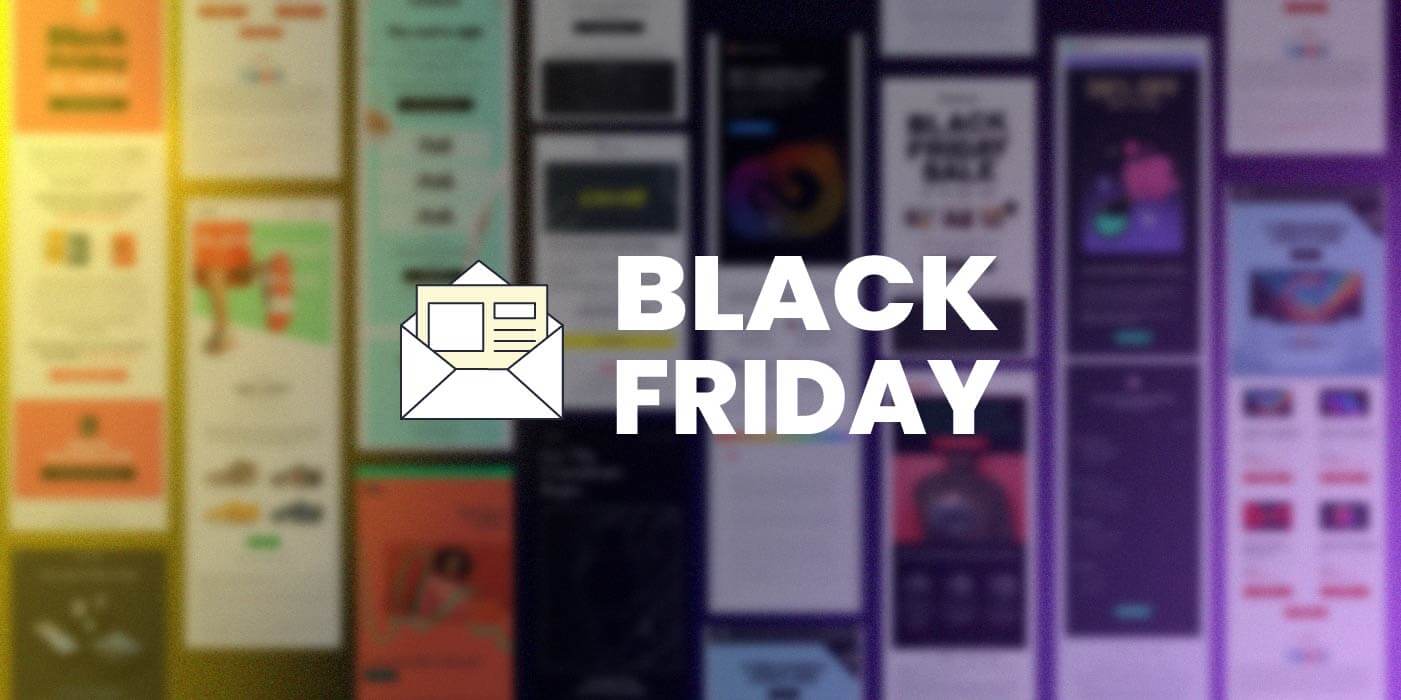 illustrazione con titolo grafico "Email Black Friday". Lo sfondo mostra molti esempi di email del Black Friday