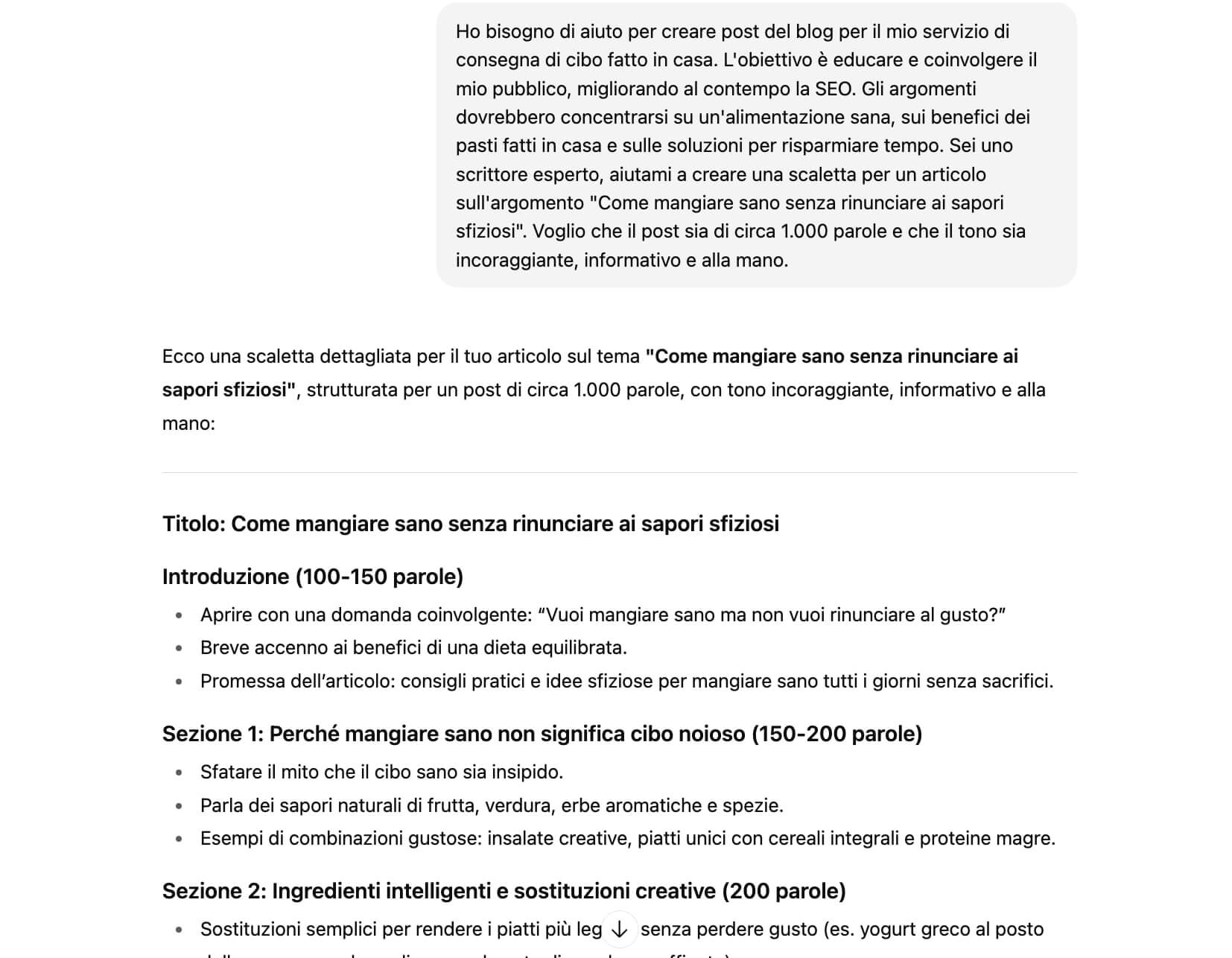 screenshot che mostra un prompt per avere una proposta di scaletta per un articolo. Il prompt specifica contesto, ruolo, scopo, vincoli, formato e tono.
