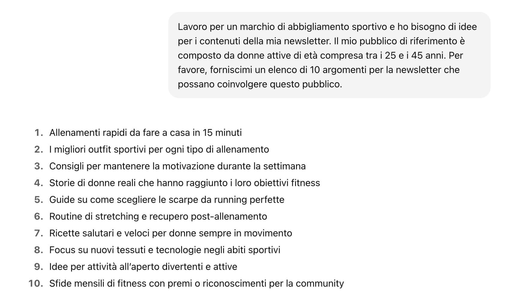 screenshot di un prompt per email che richiede 10 idee per una newsletter