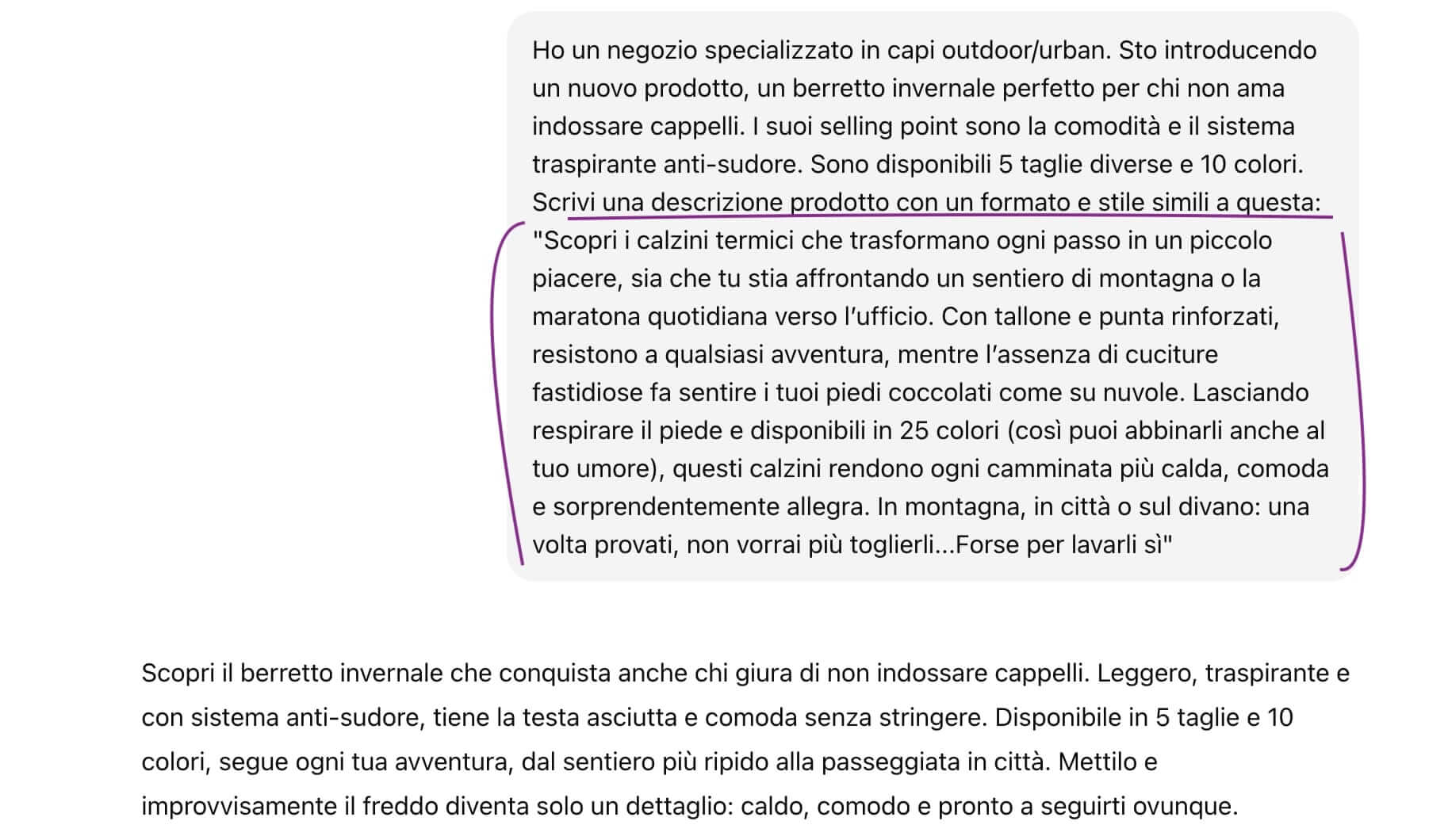 screenshot che mostra un prompt per la descrizione di un prodotto. il prompt fornisce dettagli sul prodotto in se e poi un esempio di una descrizione simile.