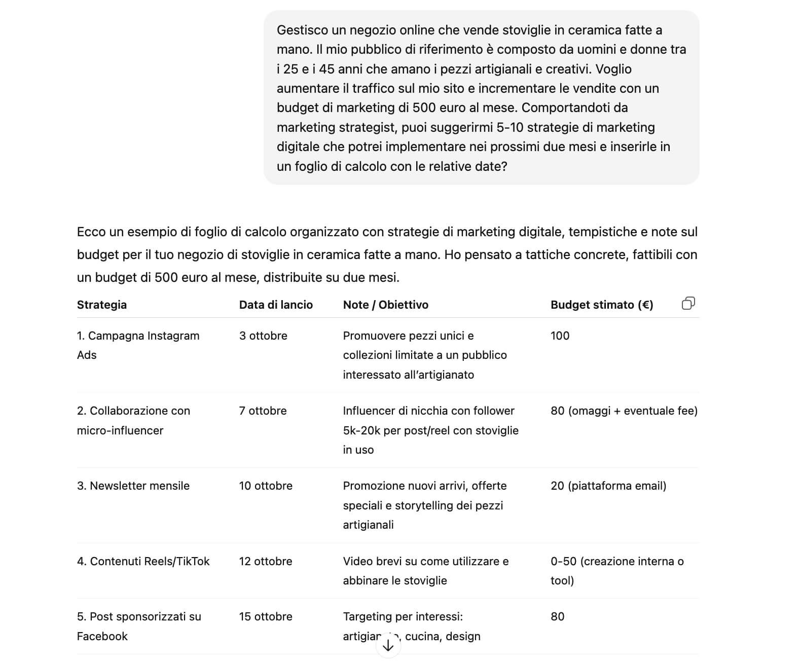 screenshot di un prompt che richiede un foglio di calcolo che riassuma 10 strategie di marketing digitale per un negozio di stoviglie in ceramica. ll prompt specifica contesto, ruolo, scopo, vincoli e formato.